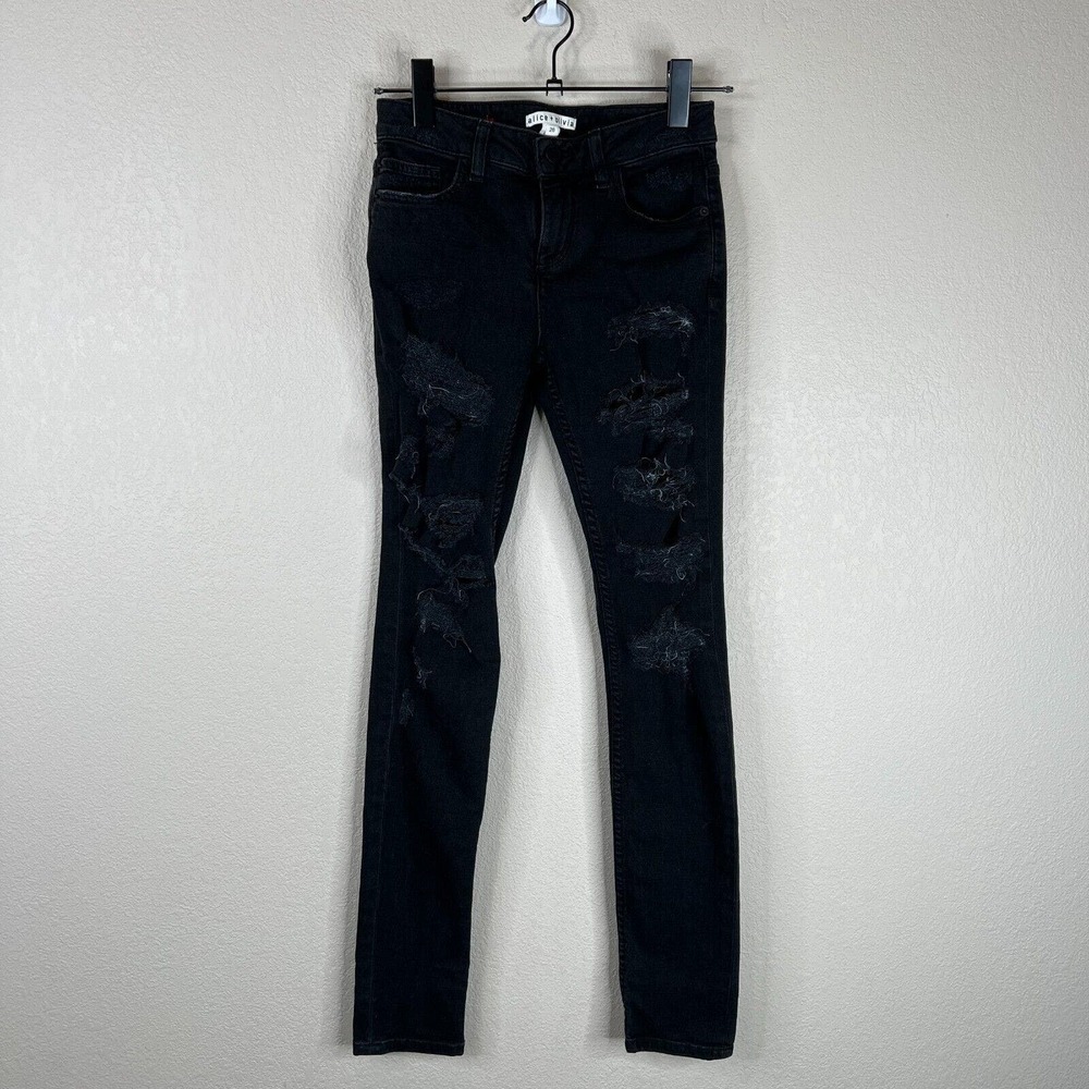 Alice + Olivia Women's Mid-Rise Skinny Leg Jeans Distressed Black Size 26 Grunge